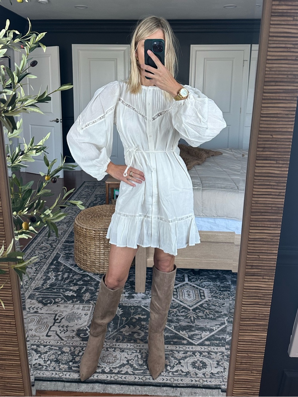 H&M Women's White Long-Sleeve Ruffle 100% cotton Mini Dress Xs